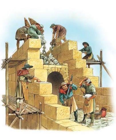 Medieval stonemasons working on a cathedral